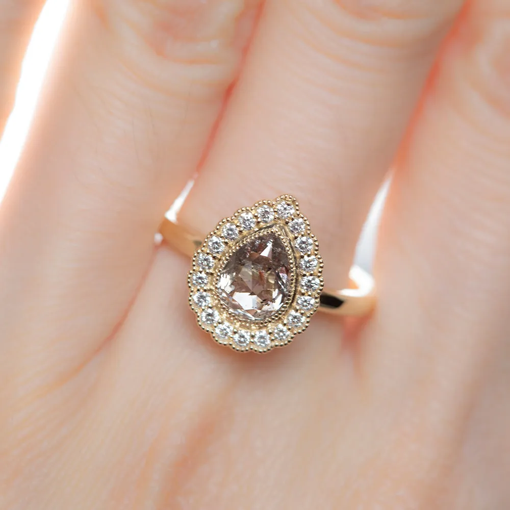 0.80ct Pear Rosecut Diamond and Scalloped Antique Style Halo Ring in 14k Yellow Gold