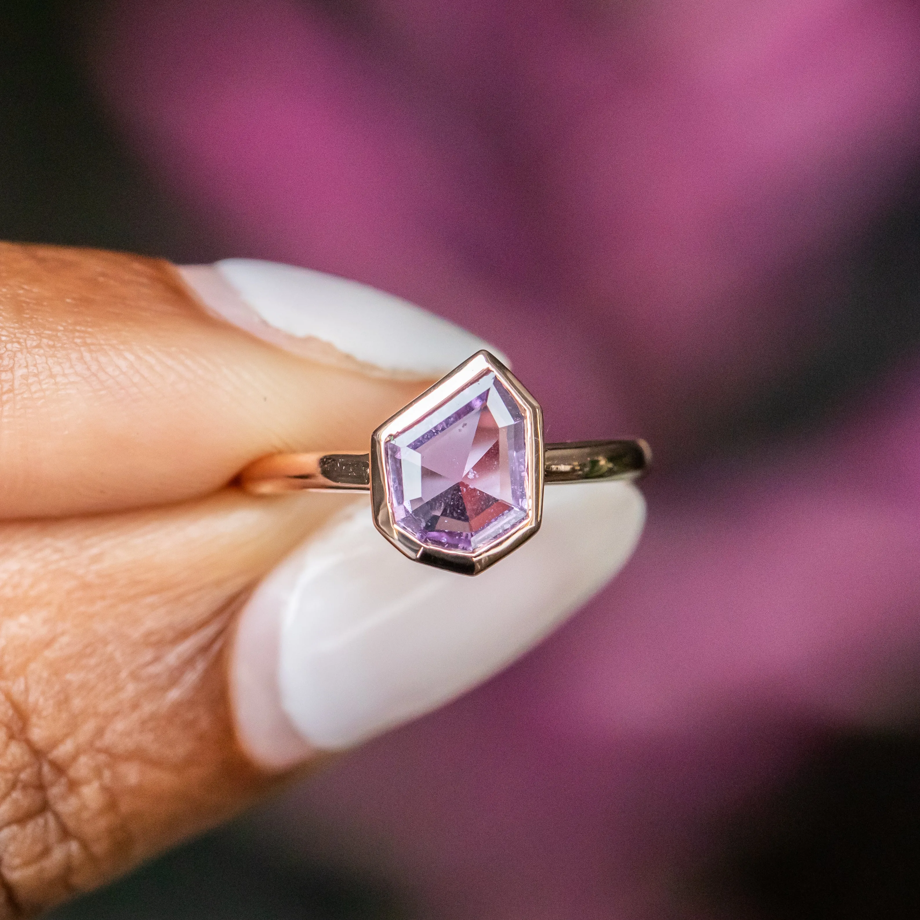 0.86ct Geo Slice Purple Sapphire Low Profile Bezel Solitaire Ring in 14k Rose Gold