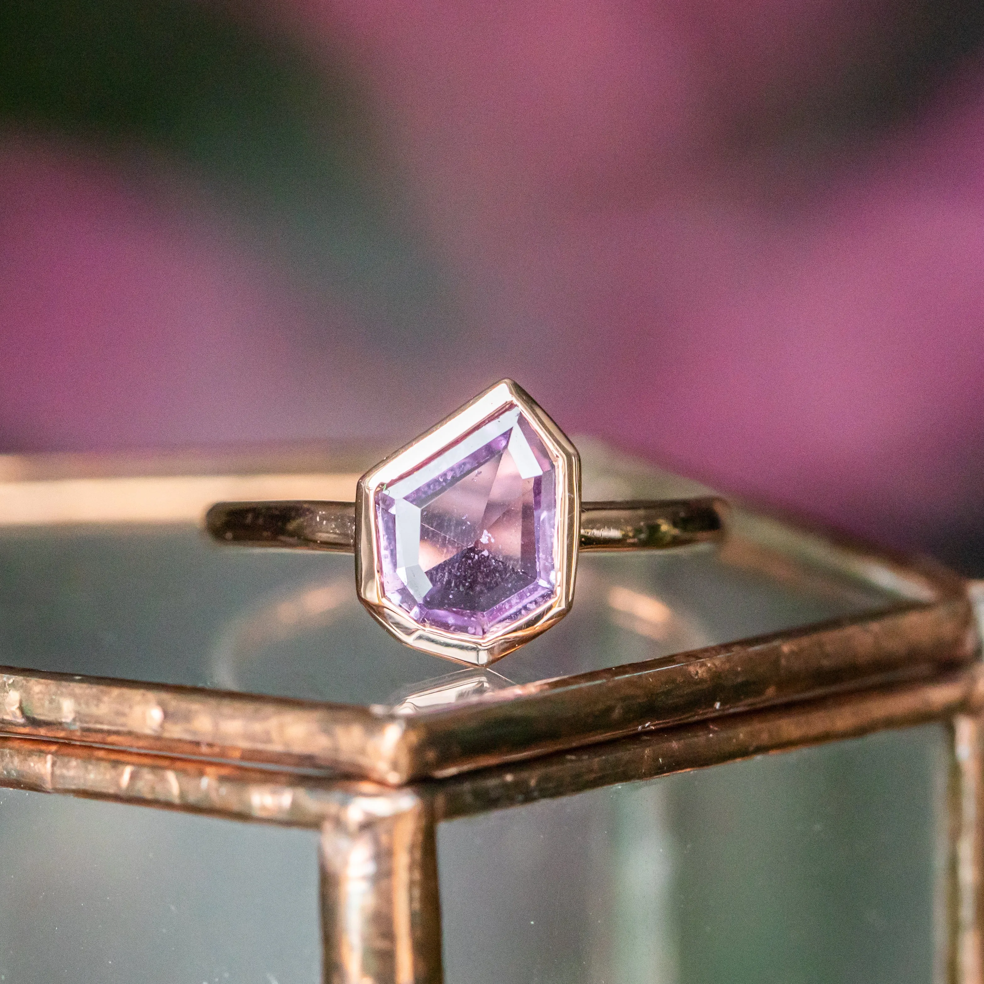 0.86ct Geo Slice Purple Sapphire Low Profile Bezel Solitaire Ring in 14k Rose Gold