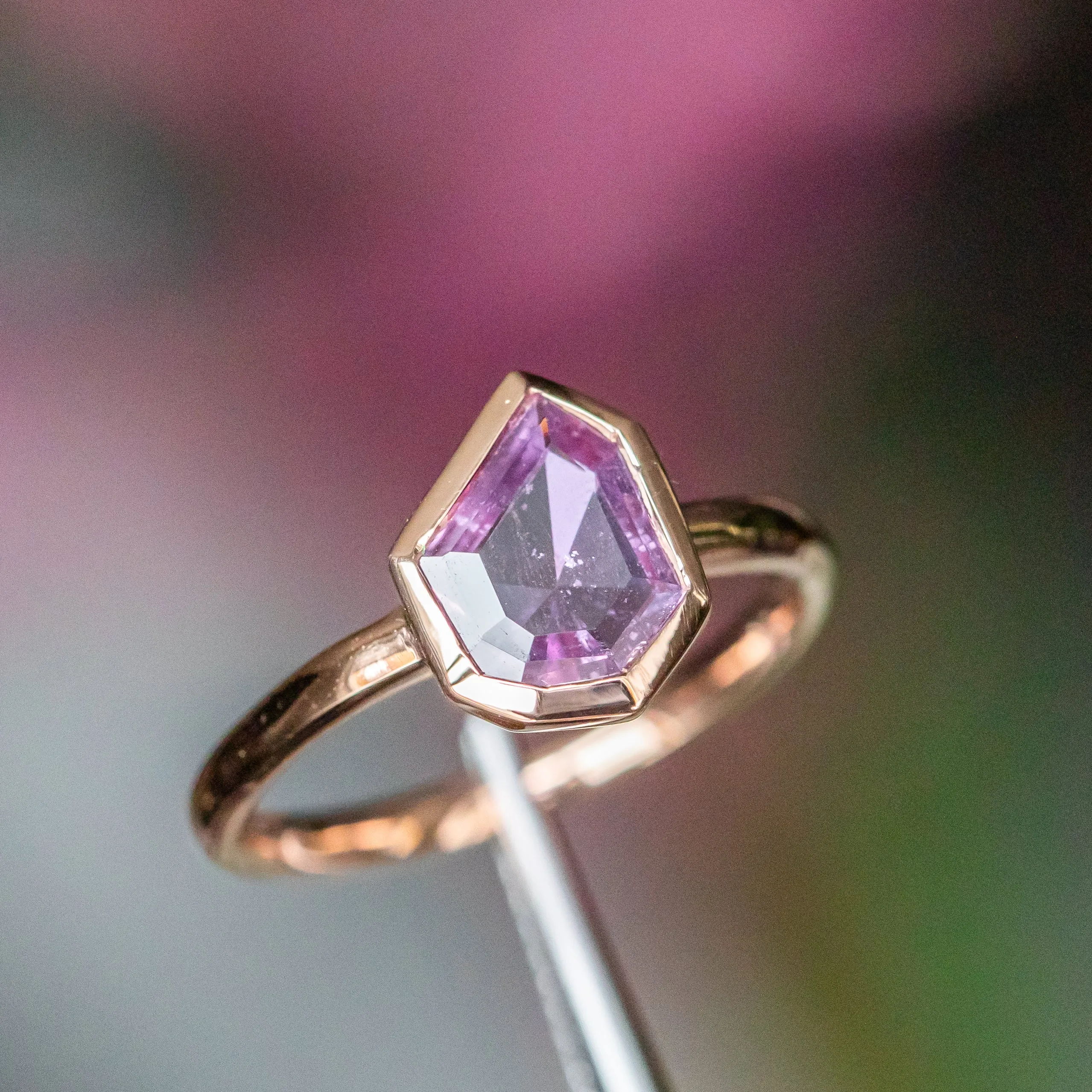 0.86ct Geo Slice Purple Sapphire Low Profile Bezel Solitaire Ring in 14k Rose Gold