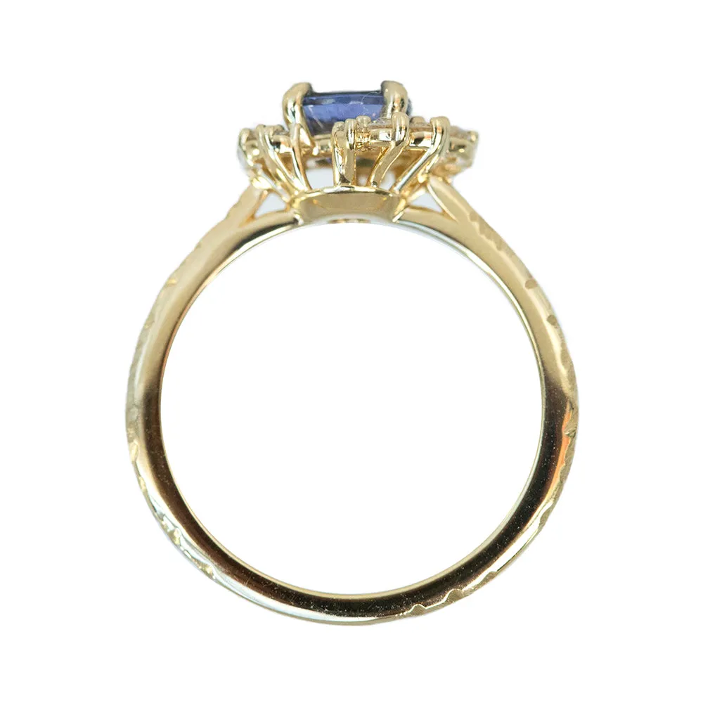 0.88ct Round Tanzanite Asymmetrical Diamond Cluster Ring In 14k Yellow Gold Evergreen Finish