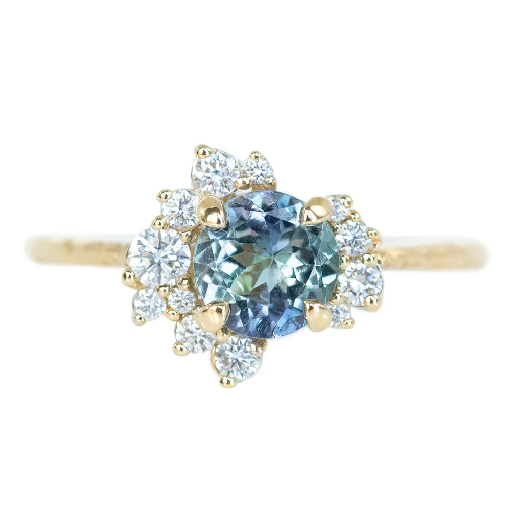 0.88ct Round Tanzanite Asymmetrical Diamond Cluster Ring In 14k Yellow Gold Evergreen Finish