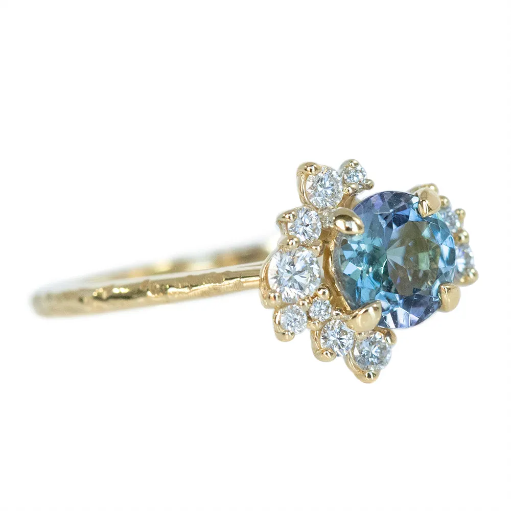 0.88ct Round Tanzanite Asymmetrical Diamond Cluster Ring In 14k Yellow Gold Evergreen Finish