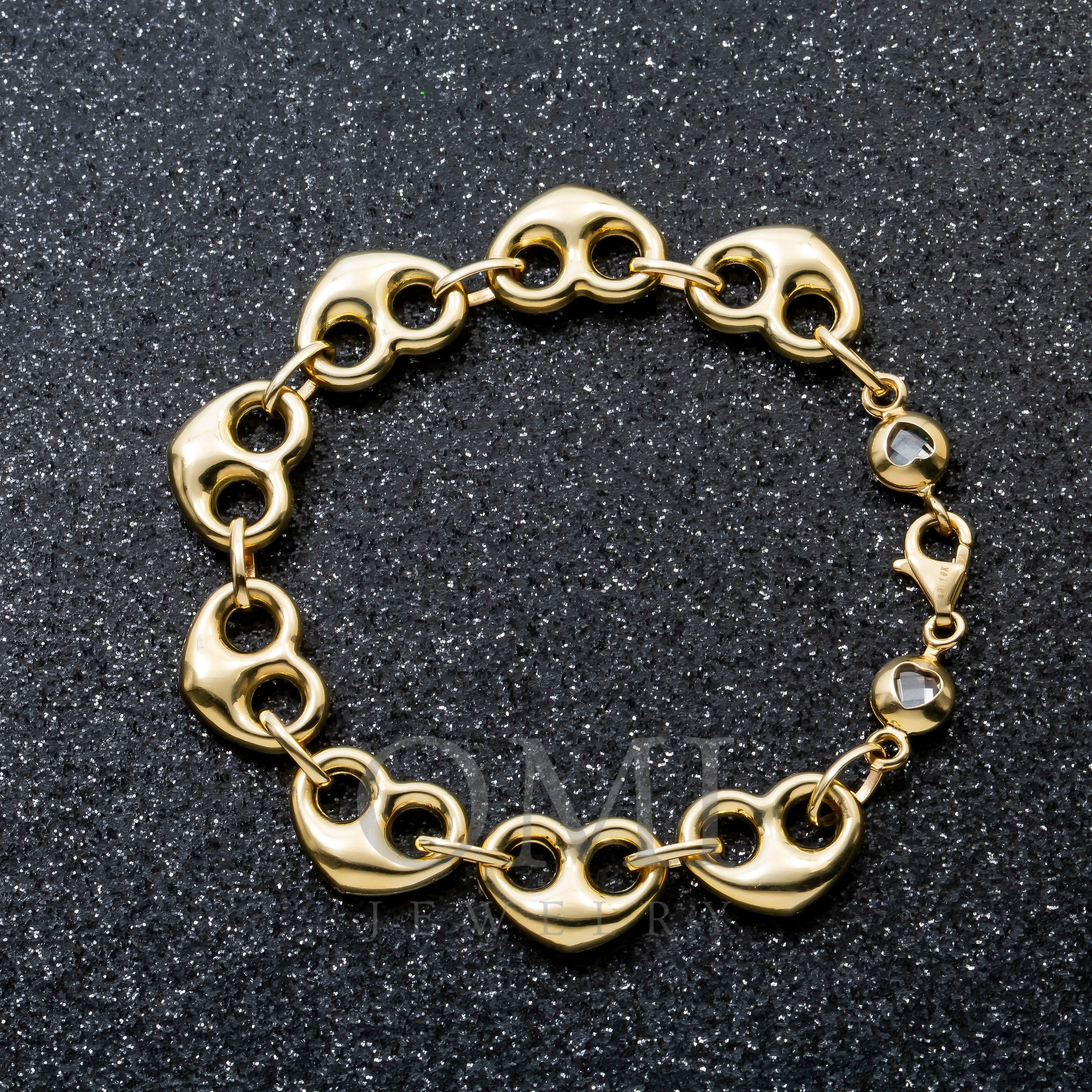 10K GOLD HOLLOW PUFFED HEART SHAPE LINK BRACELET