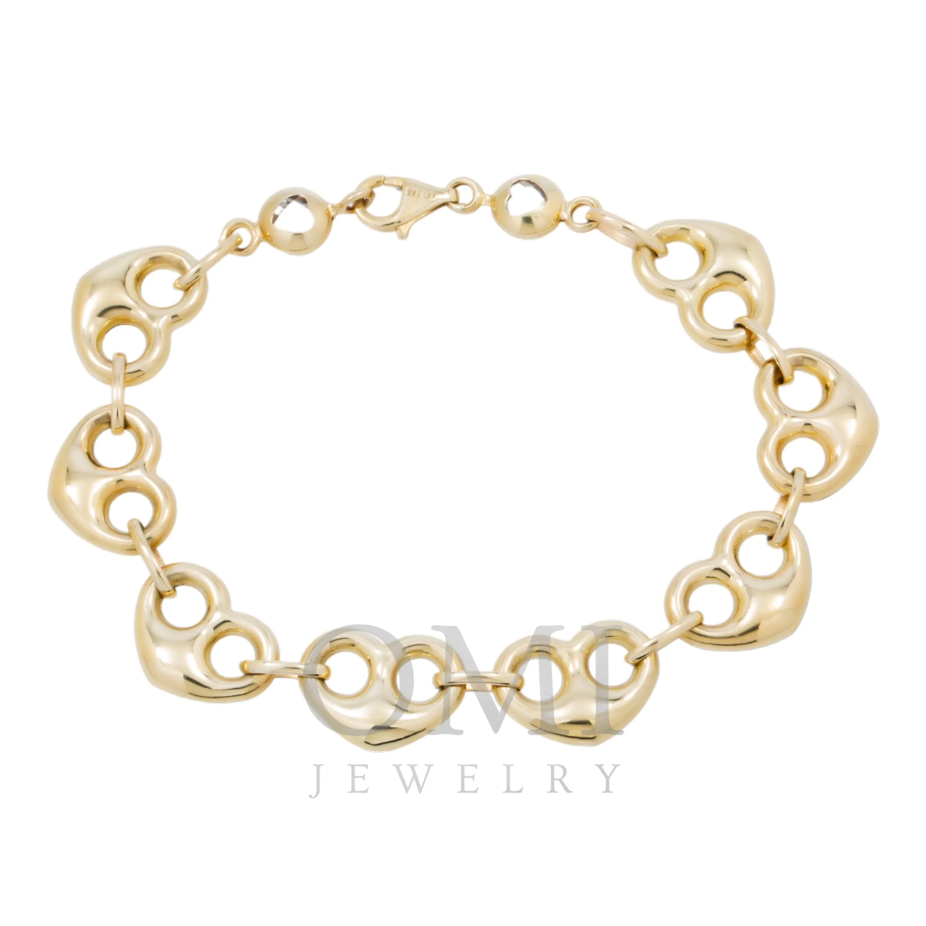 10K GOLD HOLLOW PUFFED HEART SHAPE LINK BRACELET