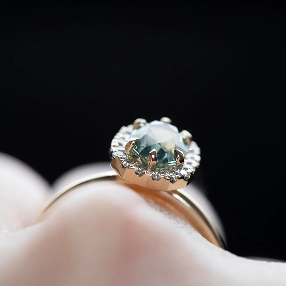 1.42ct Seafoam Teal Green Modern Oval Brilliant Montana Sapphire with Stackable Diamond Halo in 14k Yellow Gold