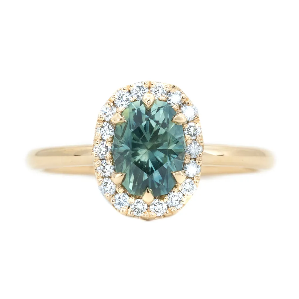 1.42ct Seafoam Teal Green Modern Oval Brilliant Montana Sapphire with Stackable Diamond Halo in 14k Yellow Gold