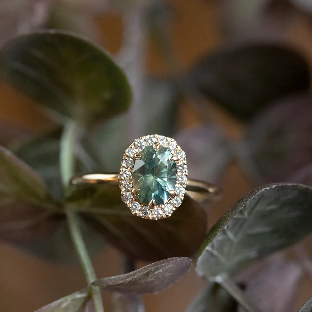 1.42ct Seafoam Teal Green Modern Oval Brilliant Montana Sapphire with Stackable Diamond Halo in 14k Yellow Gold