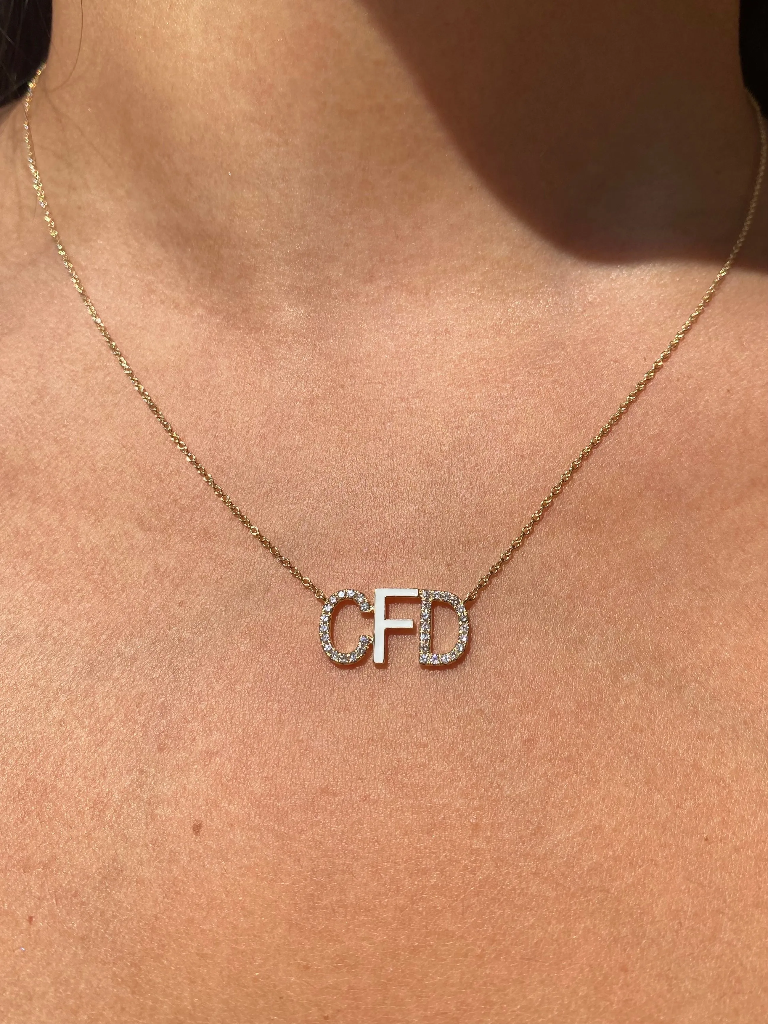 14K Gold Three-Initial Enamel and Diamond Necklace