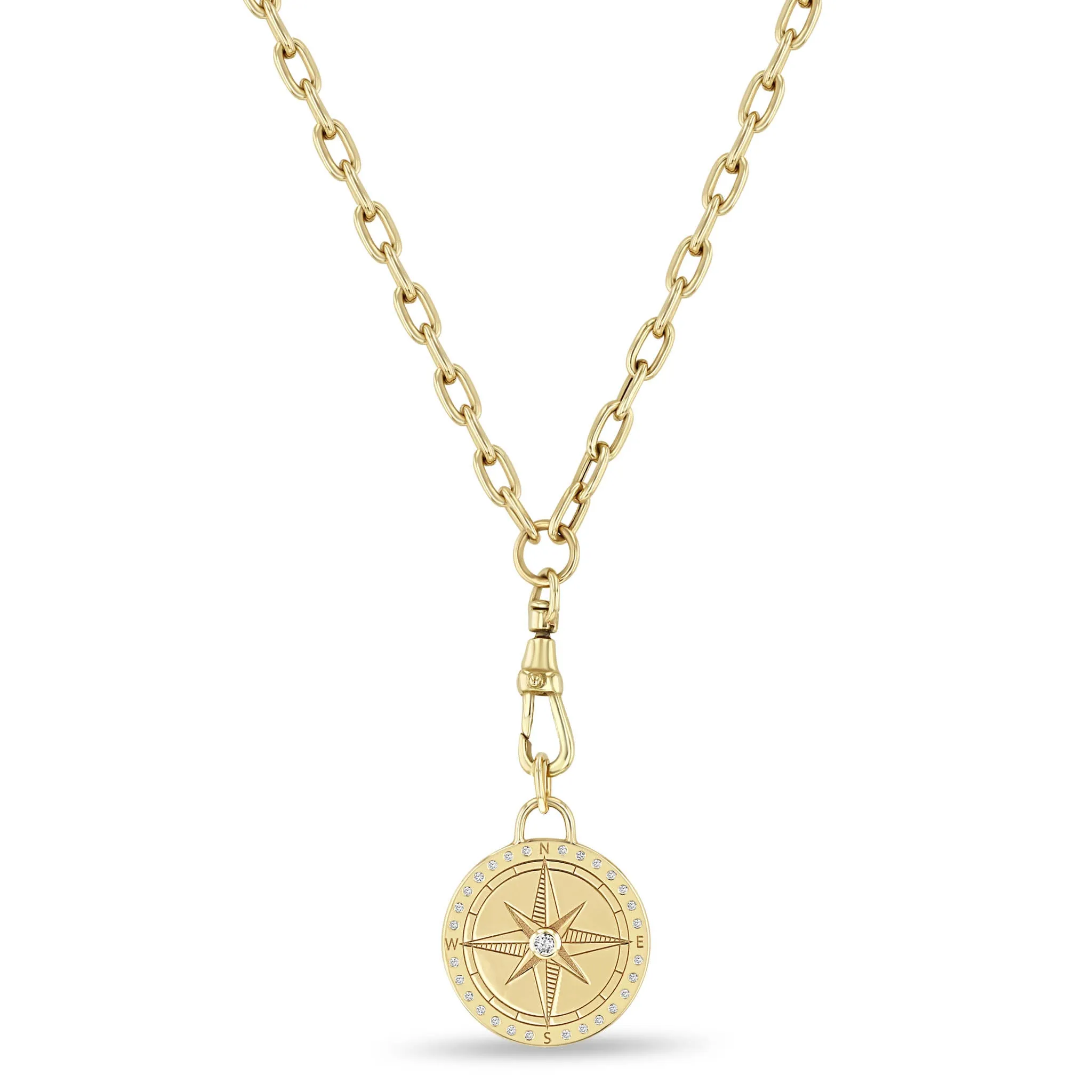 14k Medium Compass Medallion Square Oval Chain with Fob Clasp Necklace