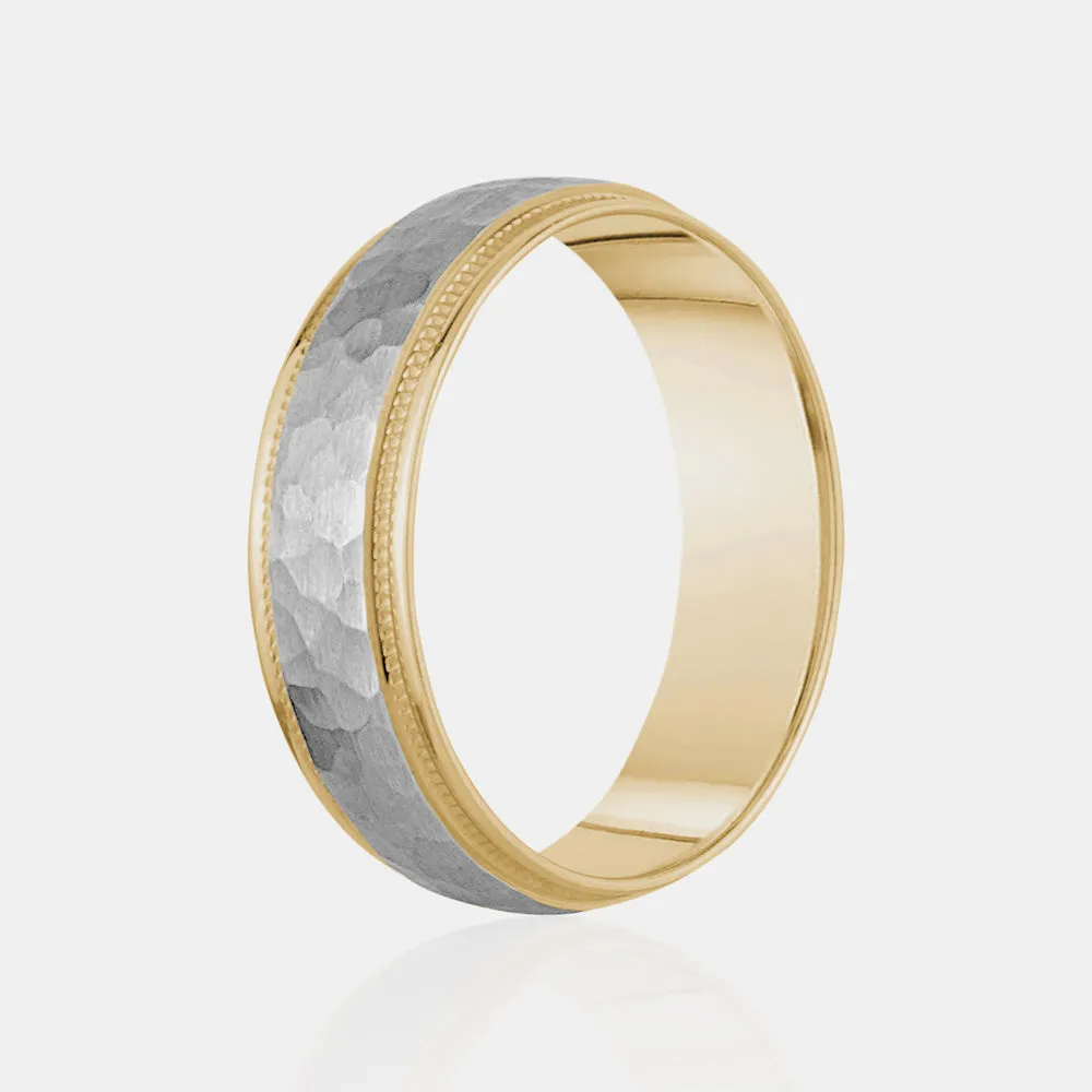 14K Two-Tone Brushed Hammered Center with Milgrain Edges Wedding Band