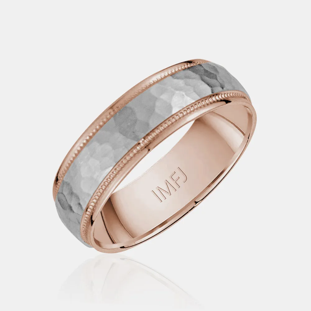 14K Two-Tone Brushed Hammered Center with Milgrain Edges Wedding Band