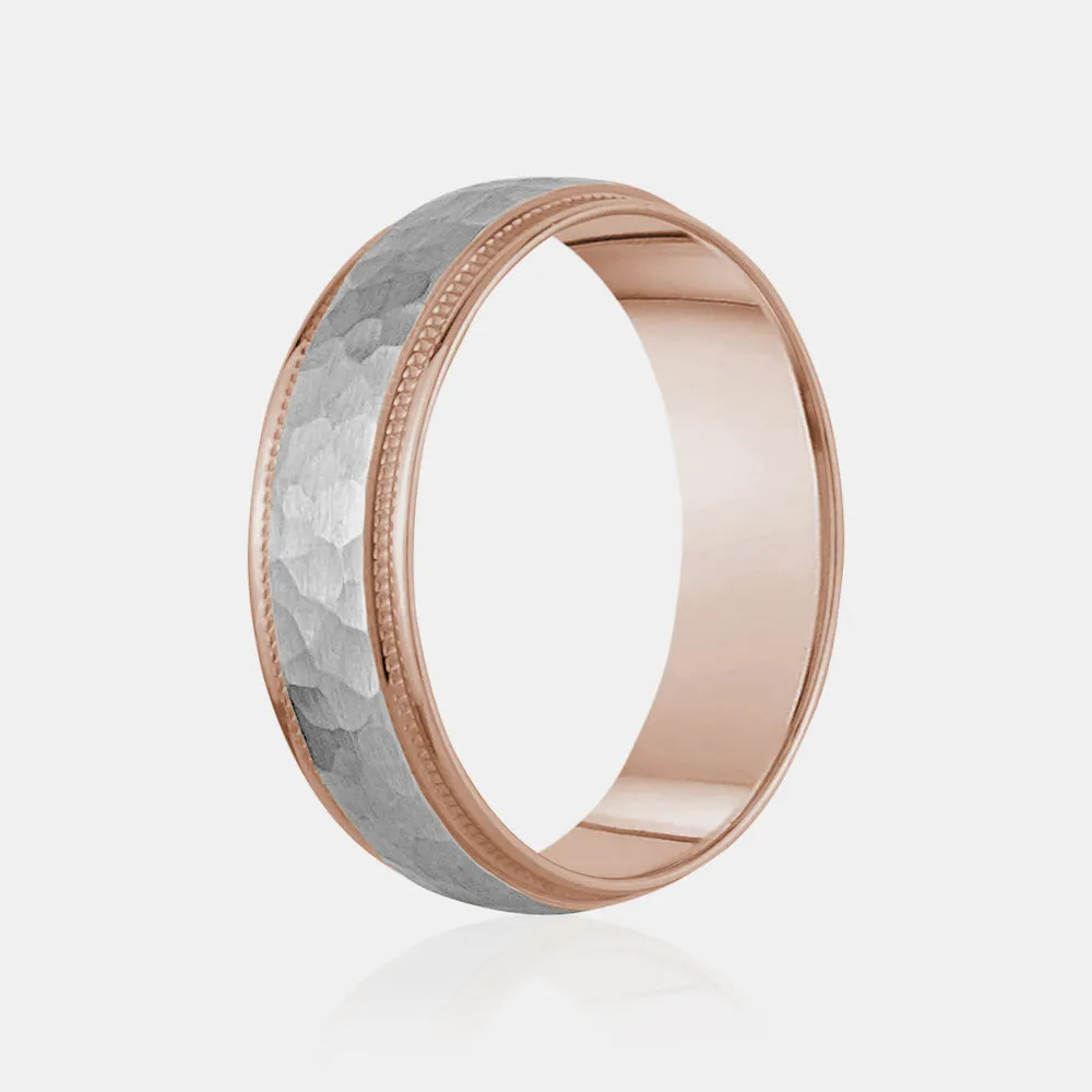 14K Two-Tone Brushed Hammered Center with Milgrain Edges Wedding Band