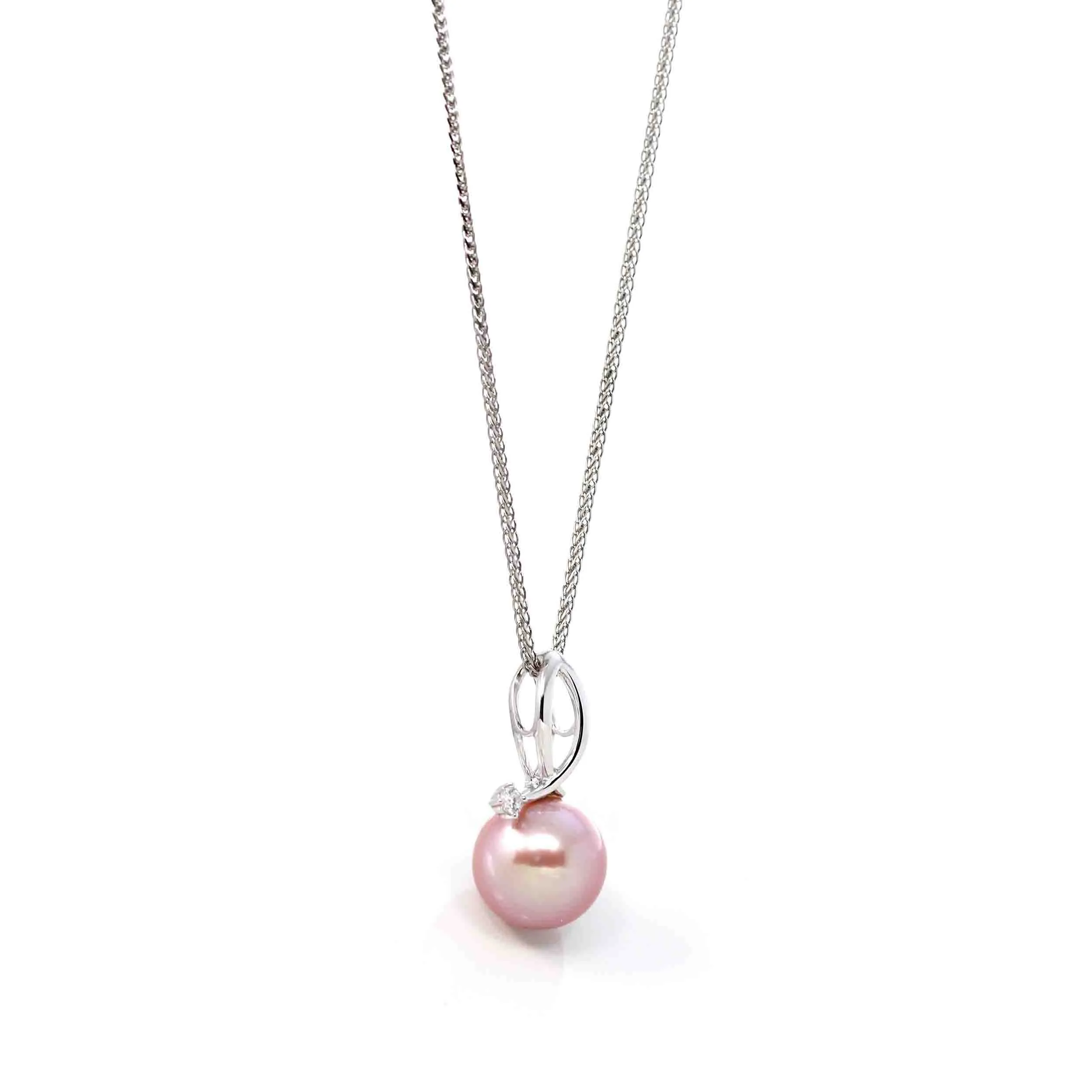 14k White Gold Culture Pink Pearl & Diamond Pendant Necklace