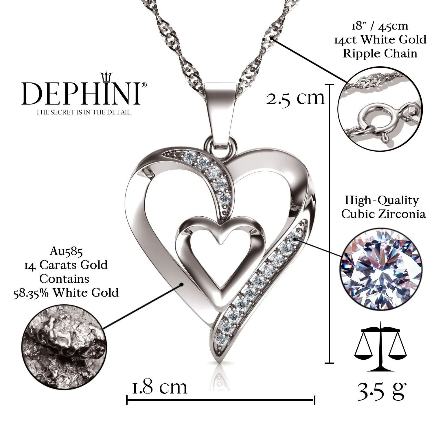 14k white gold double heart necklace - Zirconia Crystals by DEPHINI