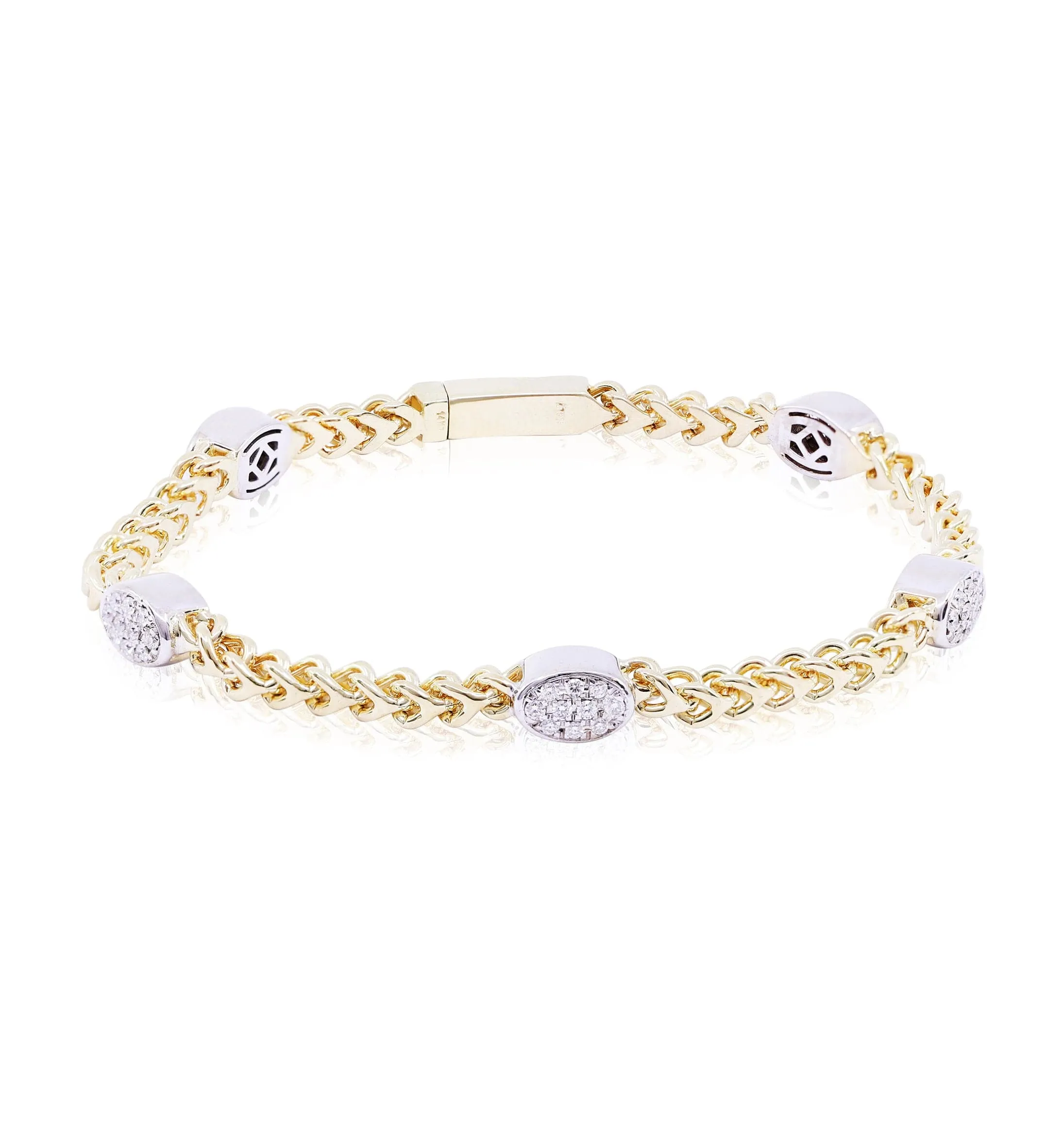 14K YELLOW GOLD 7-INCH 3MM BOXED WHEAT LINK CHAIN BRACELET WITH PAVE DIAMOND STATIONS 0.45CTW