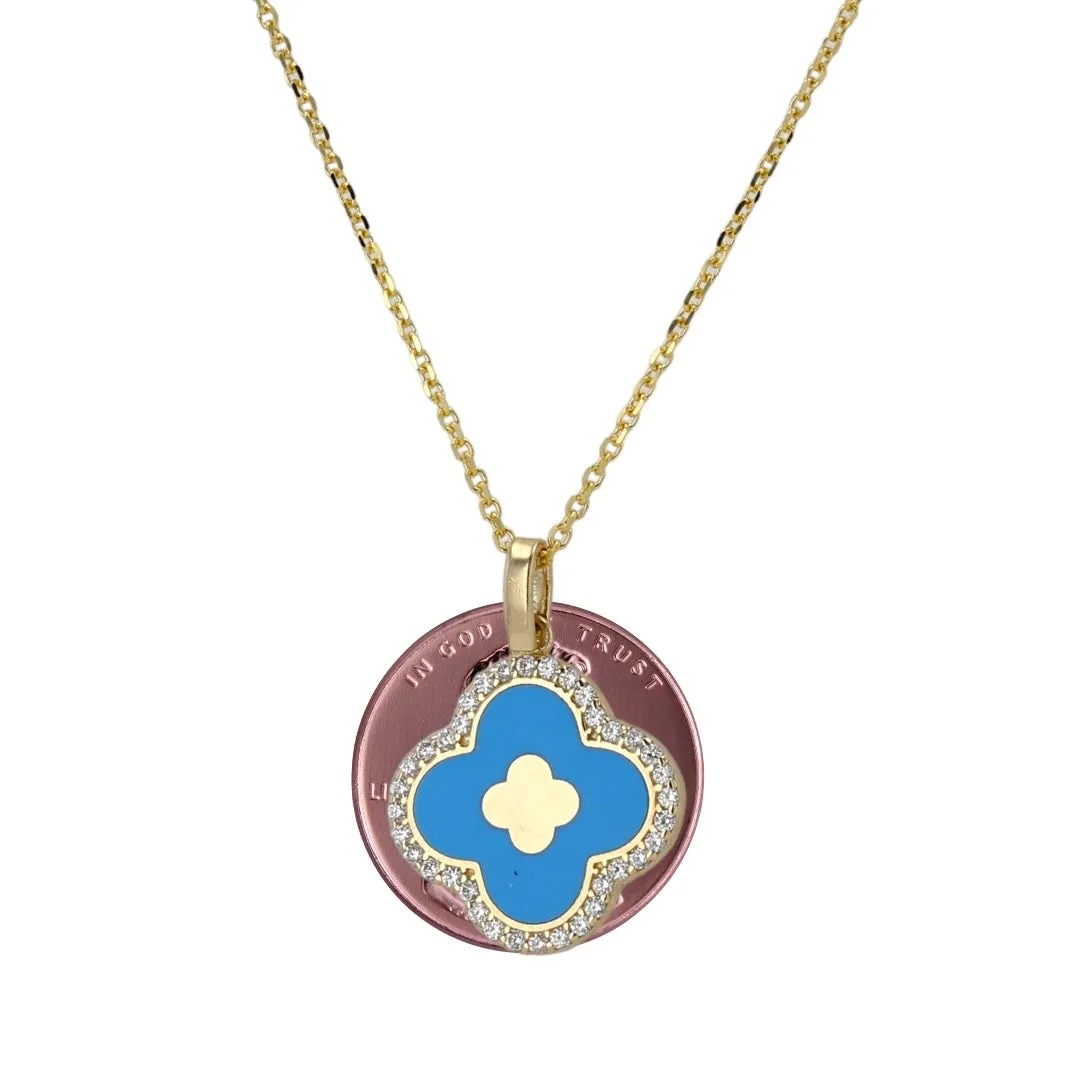 14K Yellow gold  aqua clover pendant necklace -V6