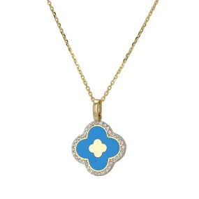 14K Yellow gold  aqua clover pendant necklace -V6