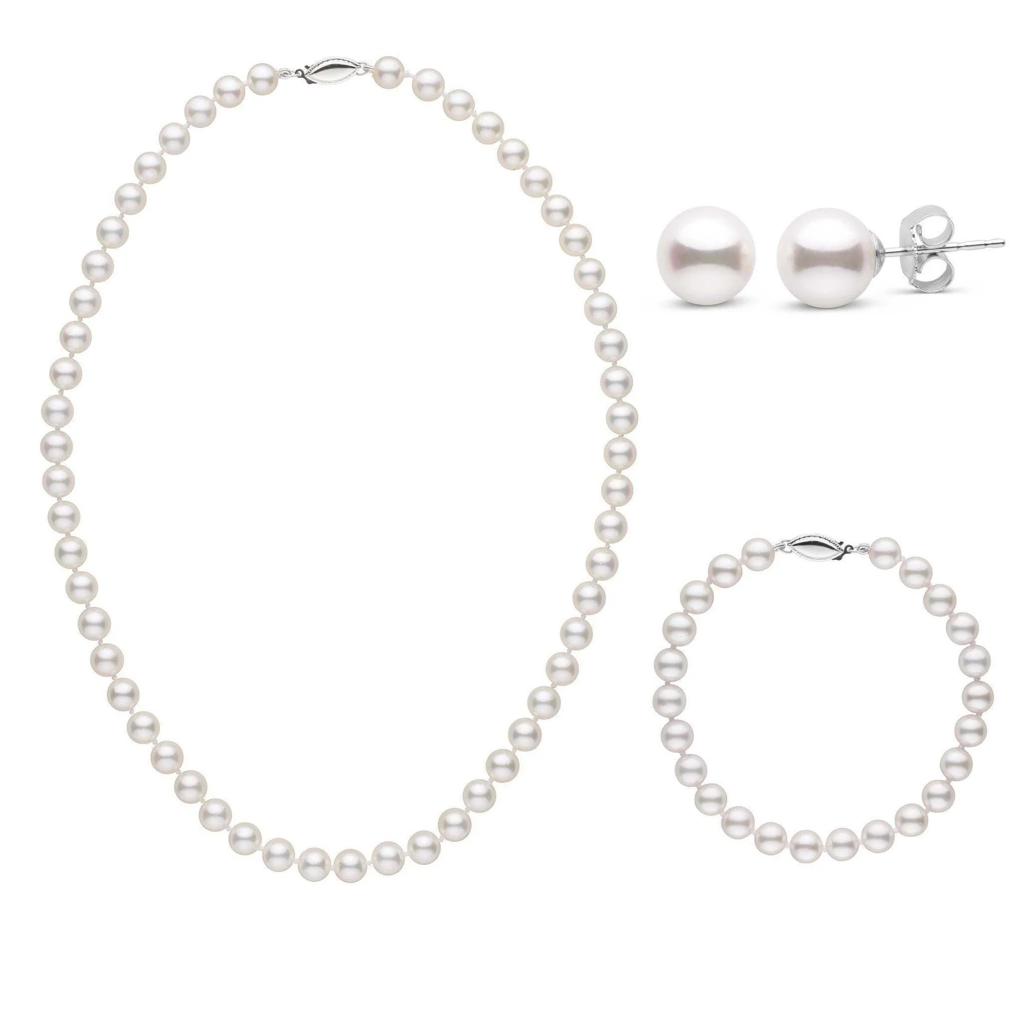 16 Inch 3 Piece Set of 6.5-7.0 mm AA  White Akoya Pearls