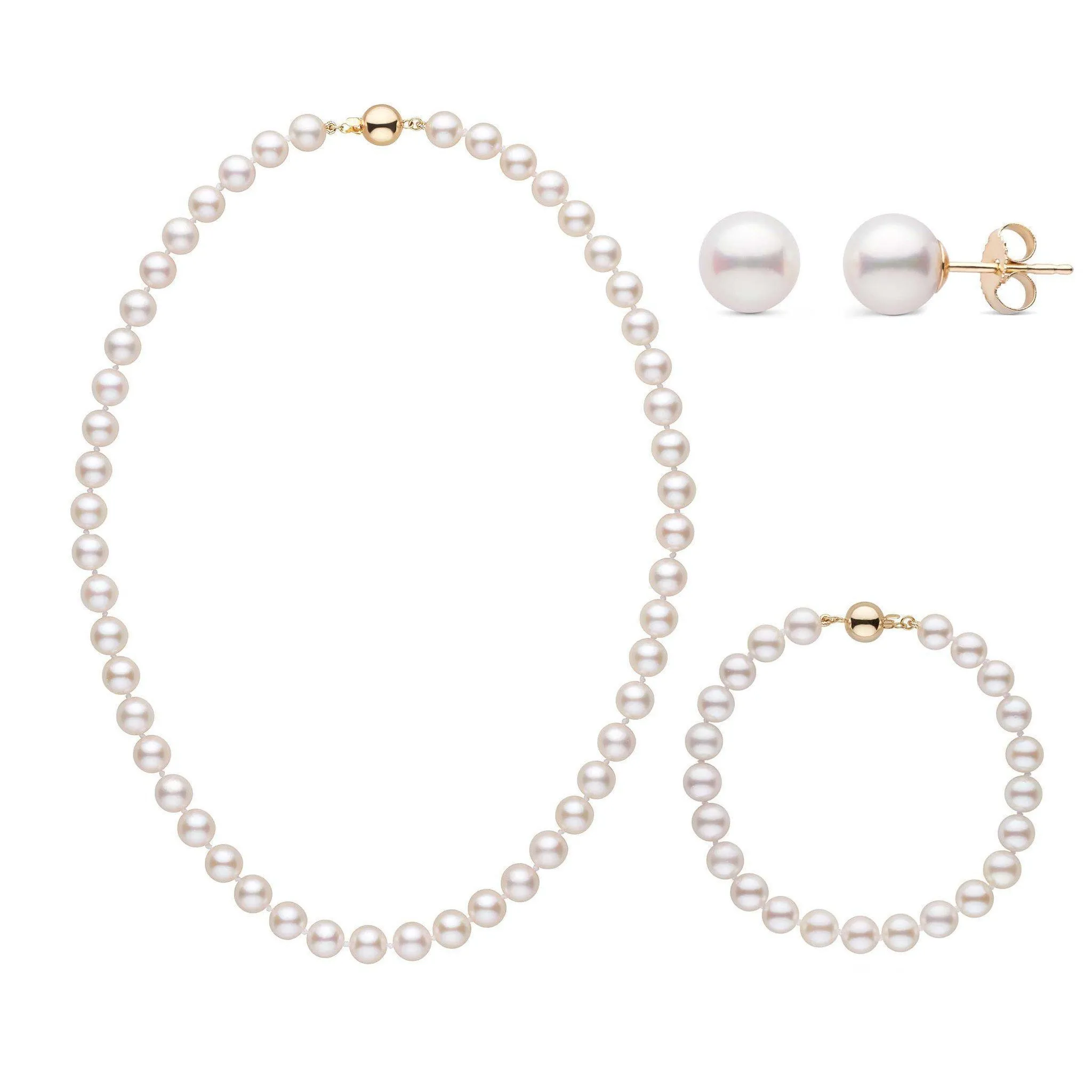 16 Inch 3 Piece Set of 7.0-7.5 mm AA  White Akoya Pearls