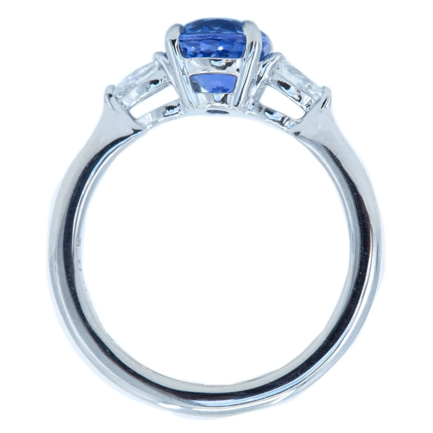 1.87ct Oval Blue Sapphire and Pear Diamond Three Stone Ring in Platinum