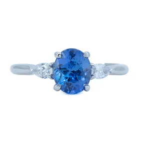 1.87ct Oval Blue Sapphire and Pear Diamond Three Stone Ring in Platinum