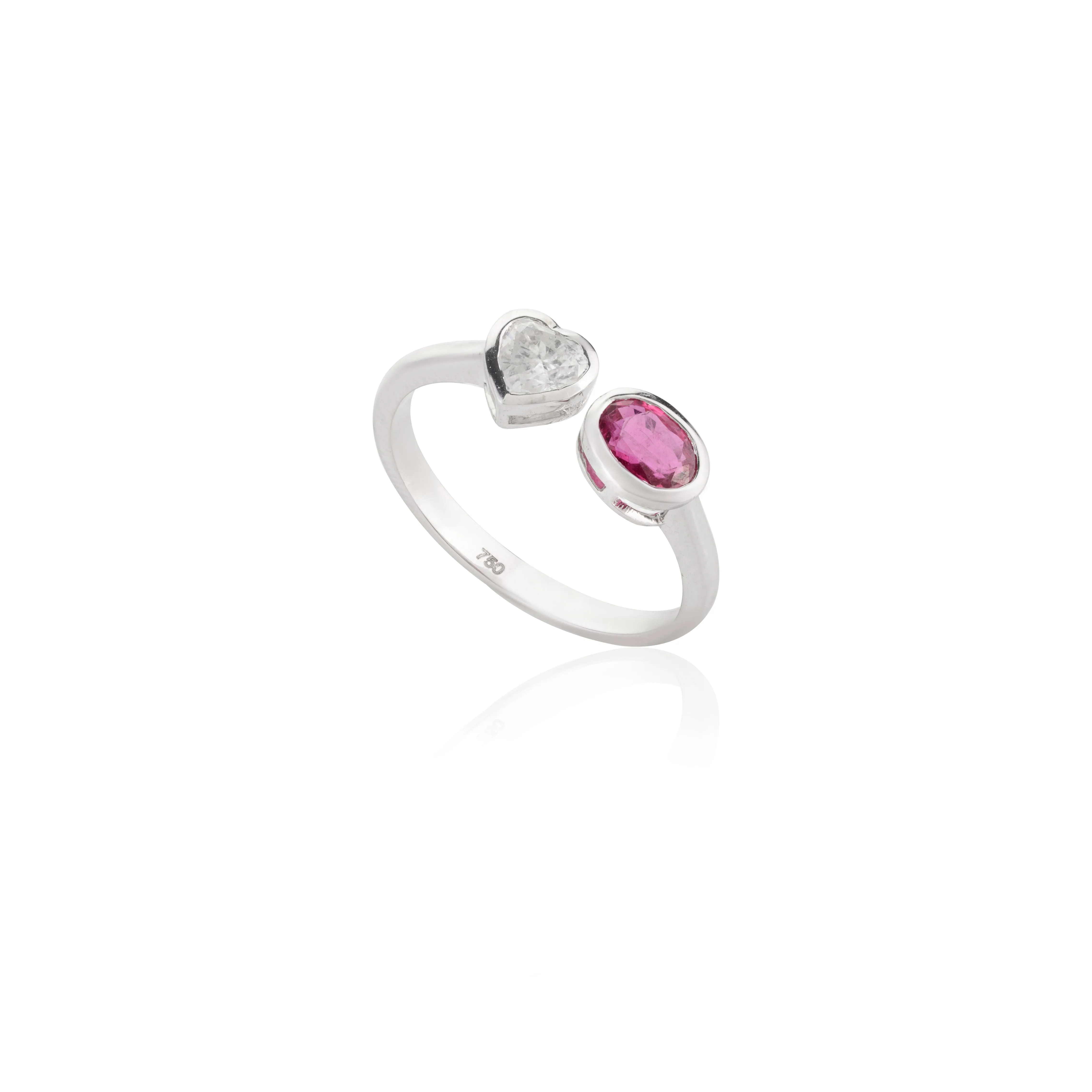 18K Gold Heart Diamond & Oval Ruby Toi et Moi Ring