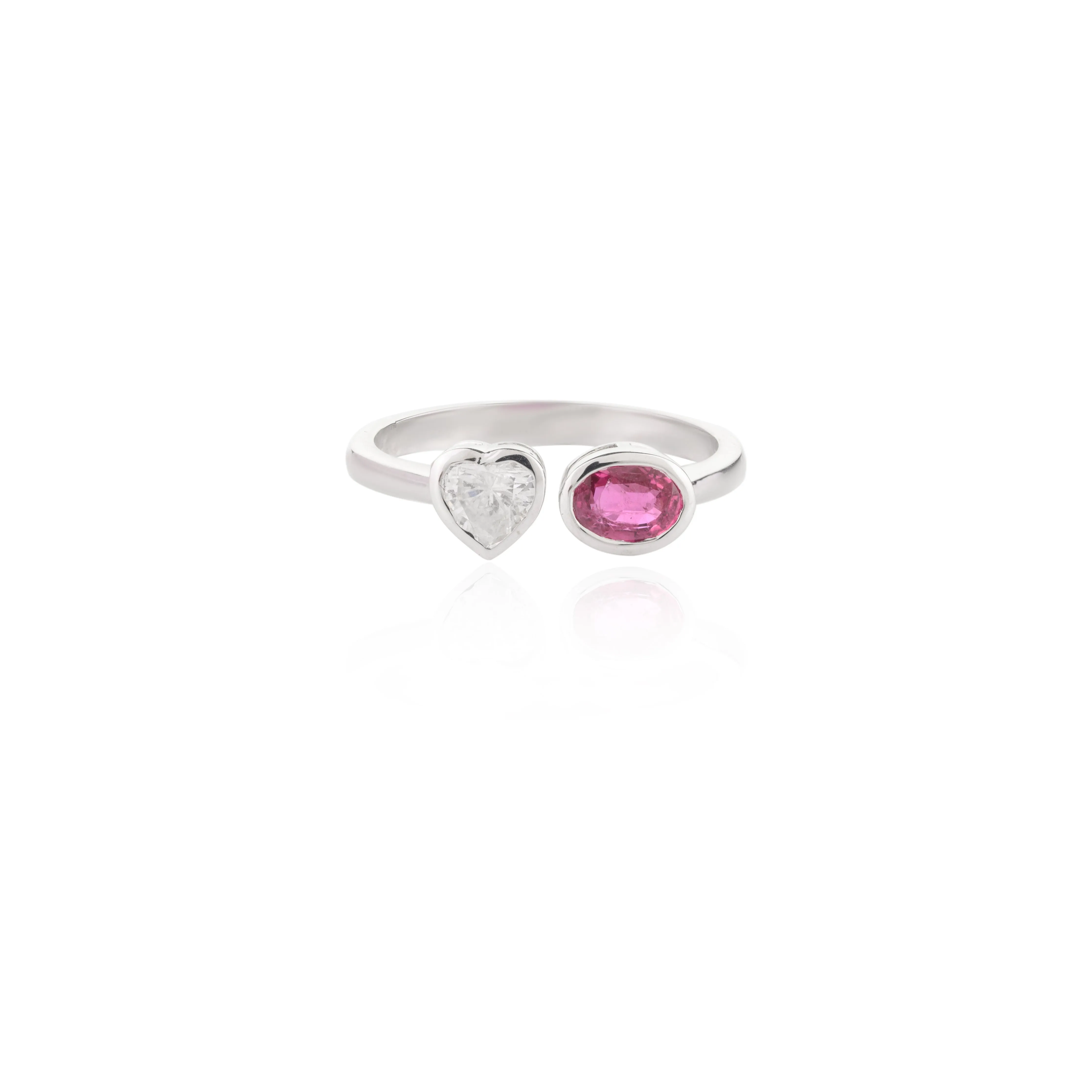 18K Gold Heart Diamond & Oval Ruby Toi et Moi Ring