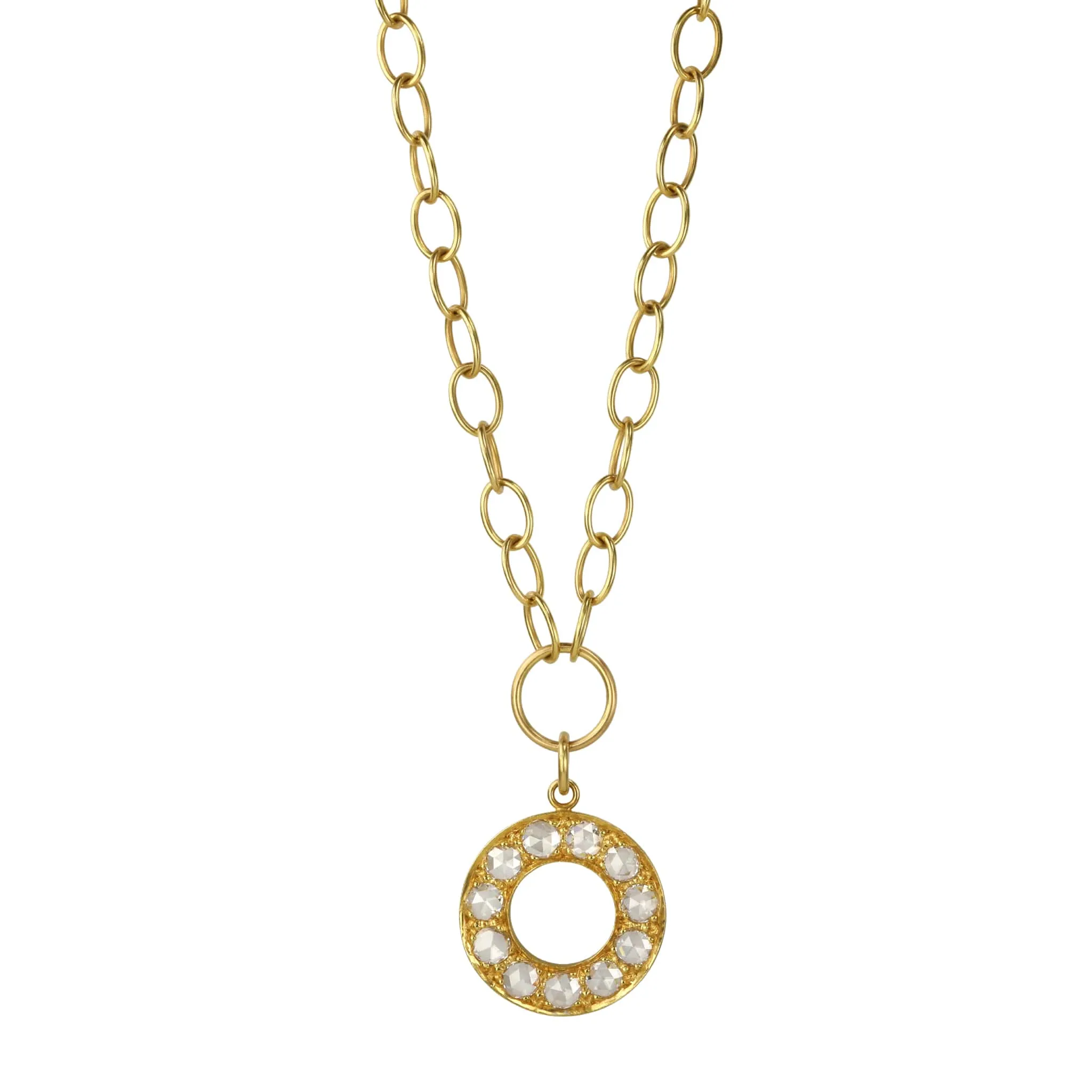 20K Gold Rosecut Diamond Circle Pendant on Handmade Chain