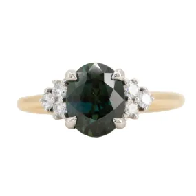 2.20ct Oval Australian Deep Teal Sapphire Two Tone Diamond Cluster Ring in 14k White and Yellow Gold