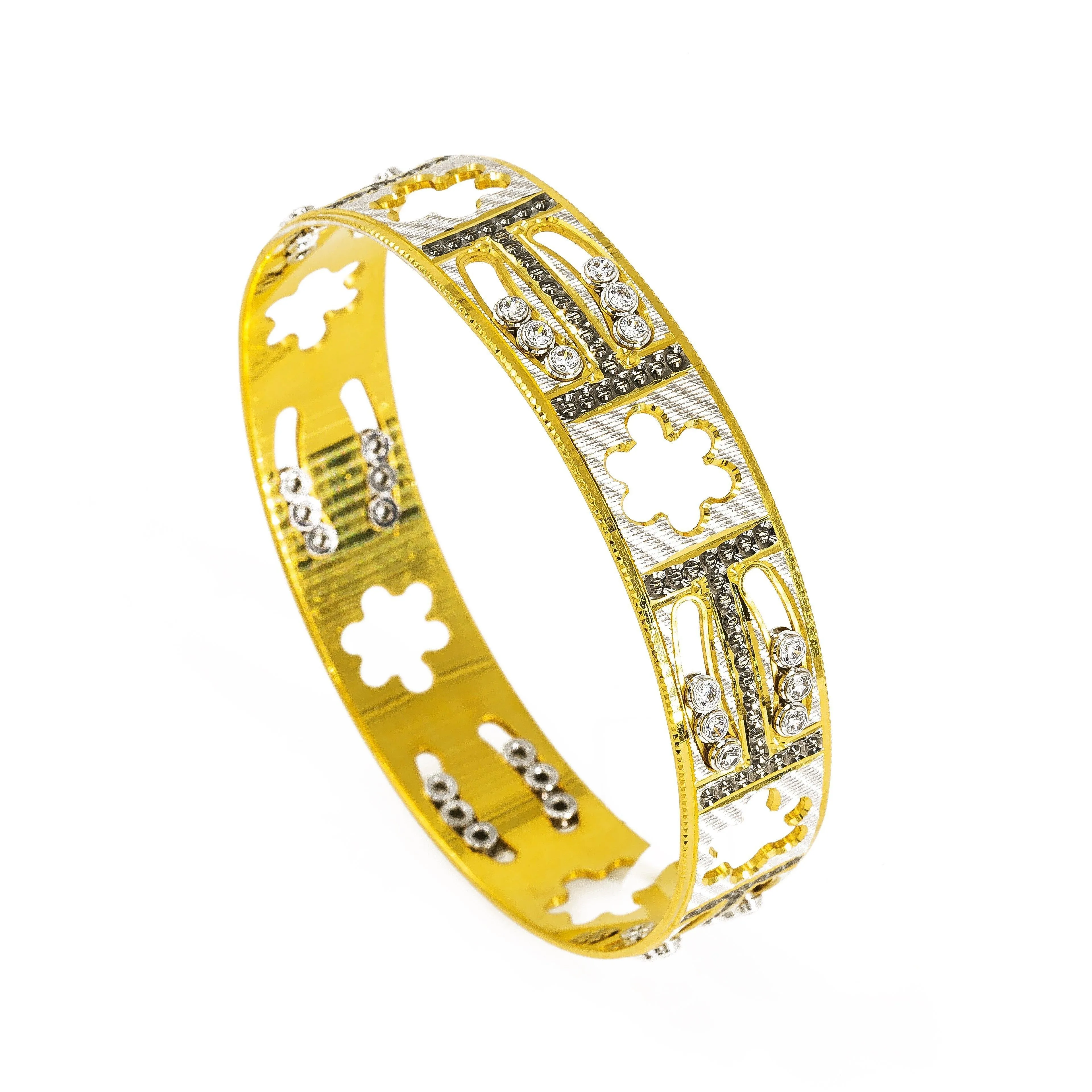 22K Yellow Gold Bangle W/ Cloud Cut-Outs & Black CZ Encrusted H Design