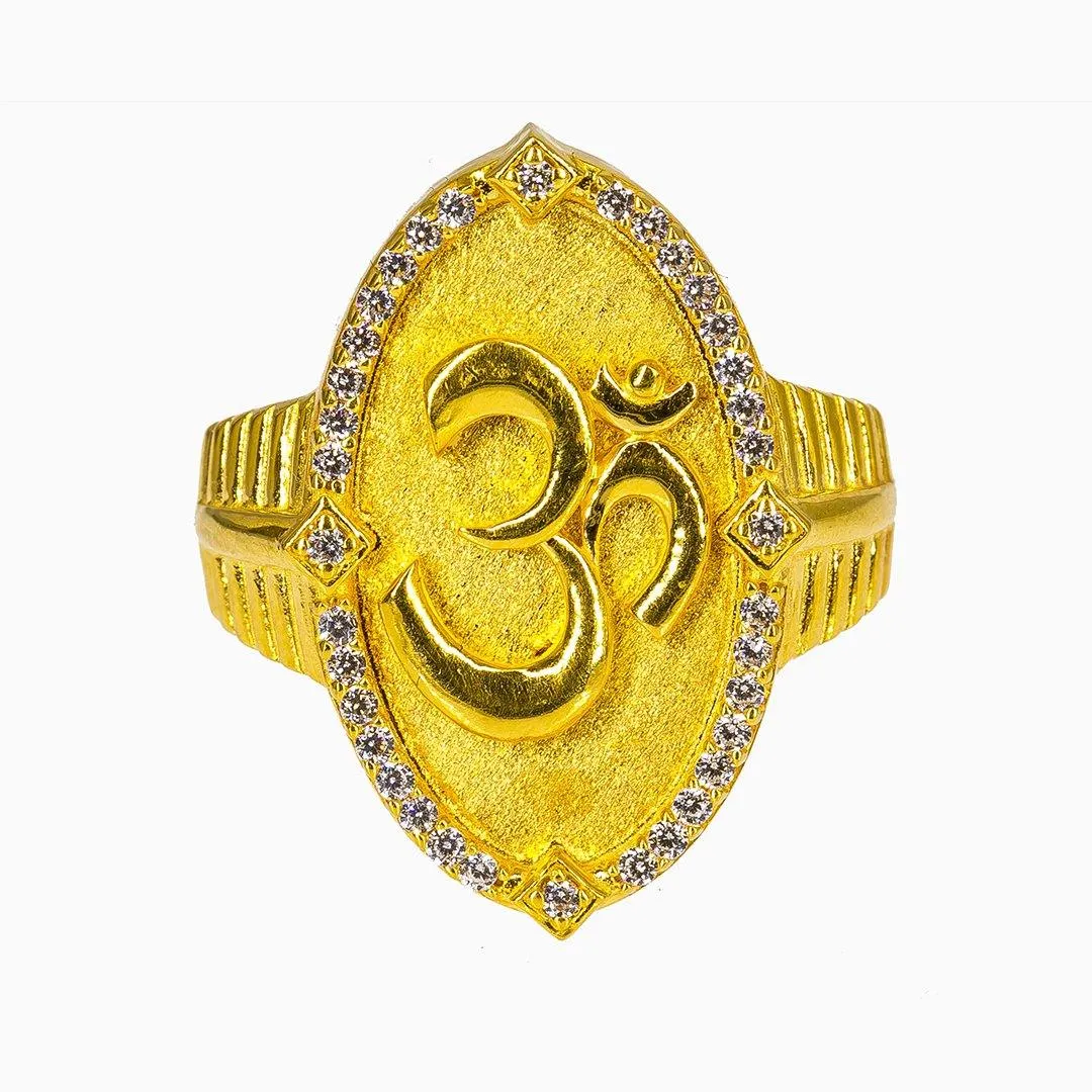 22K Yellow Gold Om Ring for Men W/ CZ Gems & Flat Shield Frame