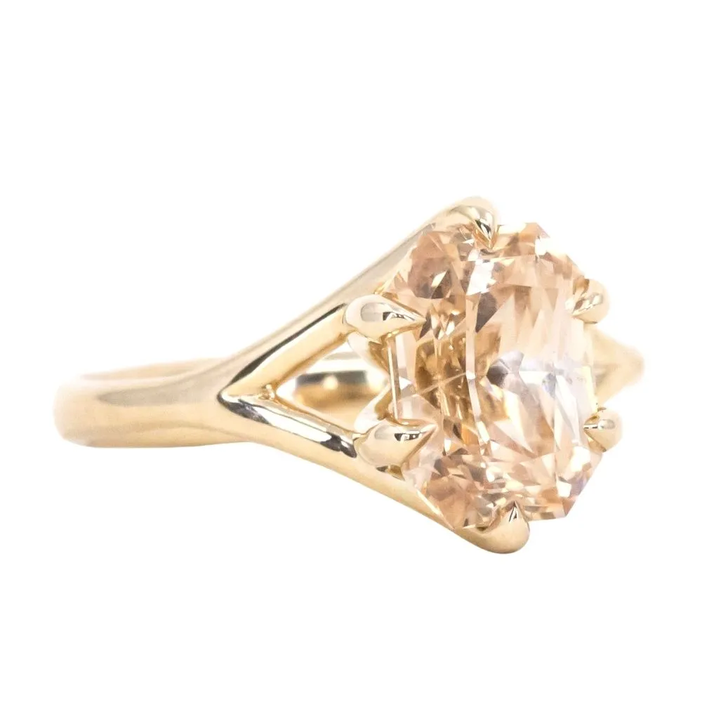 3.52ct Radiant Cut Peach Sapphire Six Prong Split Shank Solitaire in 14k Yellow Gold