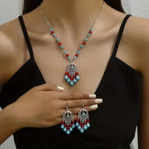 3pcs Earrings Plus Necklace Boho Style Jewelry Set Silver Plated Traditional Lantern Design Match Daily Outfits Perfect Decor For Summer Vacation