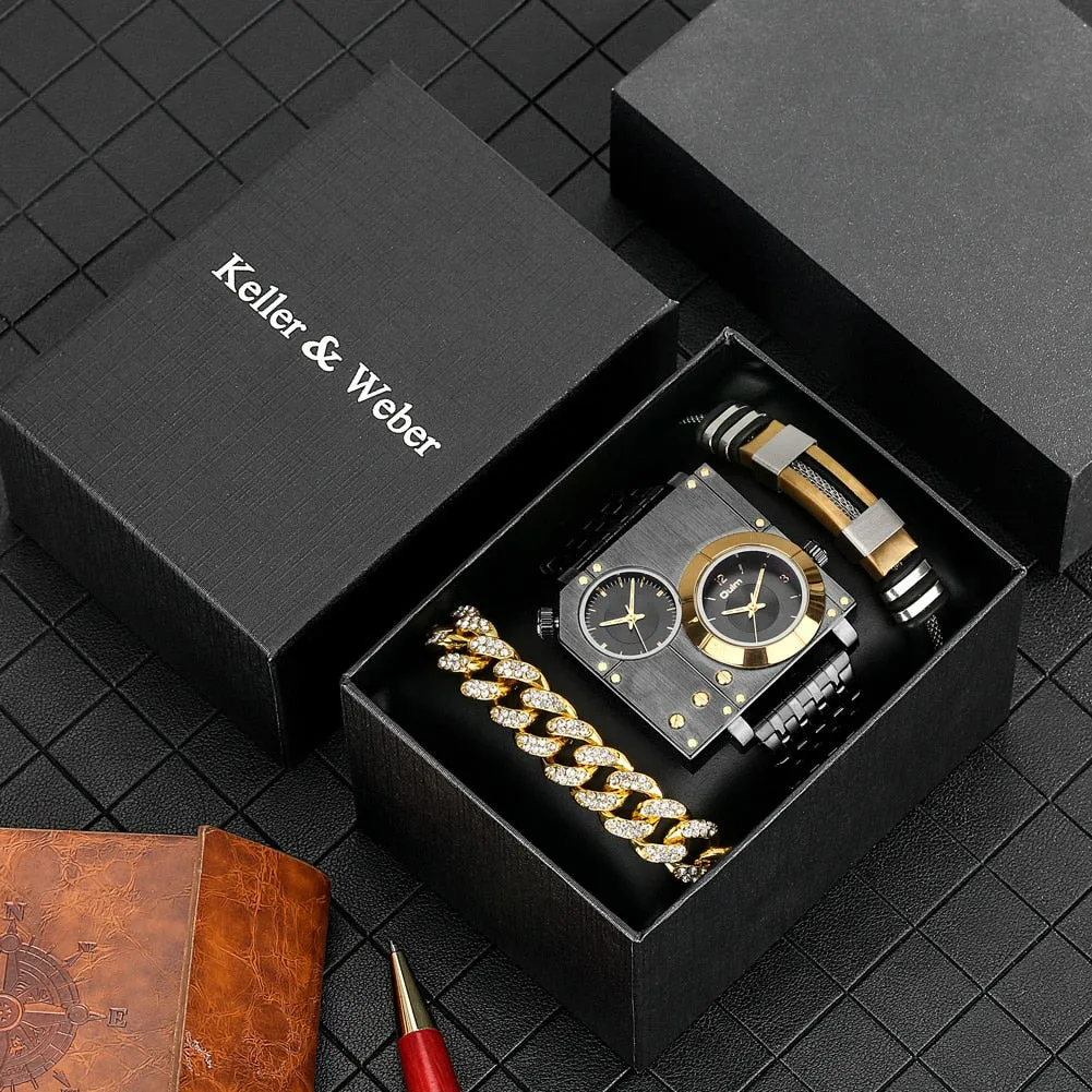 3PCS New Mens Watches Top Brand Luxury Black Quartz Watch for Men with Bracelet Set Gift for Boyfriend Square Dial Design Reloj