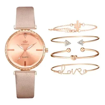 5pcs Set Top Style Fashion Women Watch Luxury Leather Band Quartz WristWatch  W243231