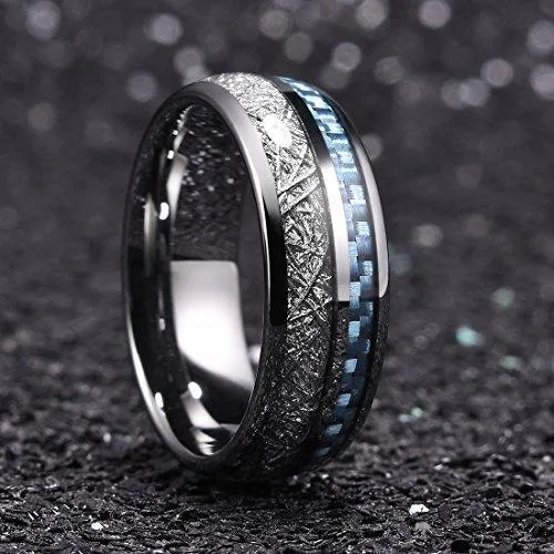 8 mm Men Tungsten Carbide Wedding Ring Imitated Meteorite Blue Carbon