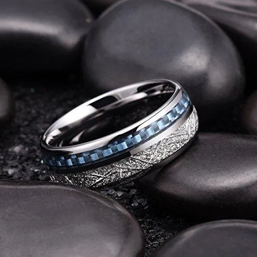 8 mm Men Tungsten Carbide Wedding Ring Imitated Meteorite Blue Carbon