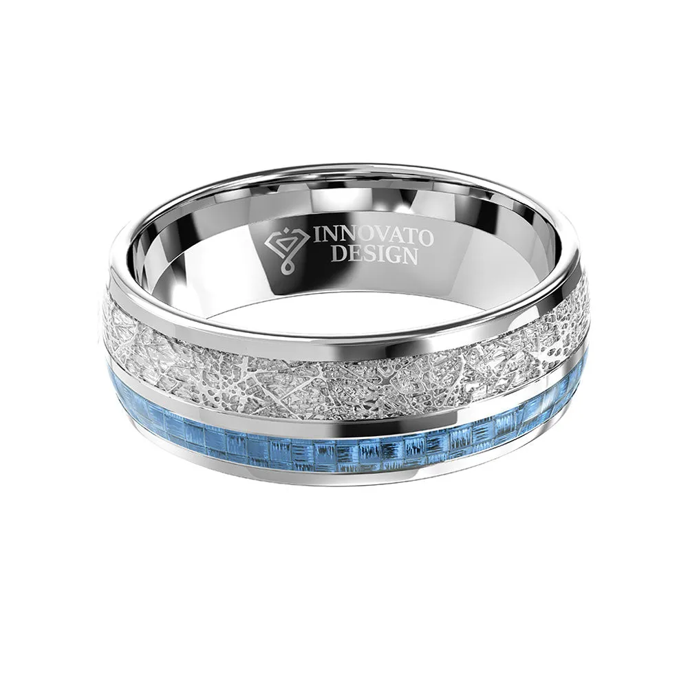 8 mm Men Tungsten Carbide Wedding Ring Imitated Meteorite Blue Carbon