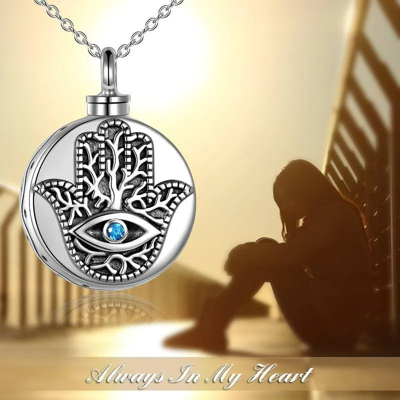 925 Sterling Silver Hamsa Hand Evil Eye Urn Necklaces for Ashes