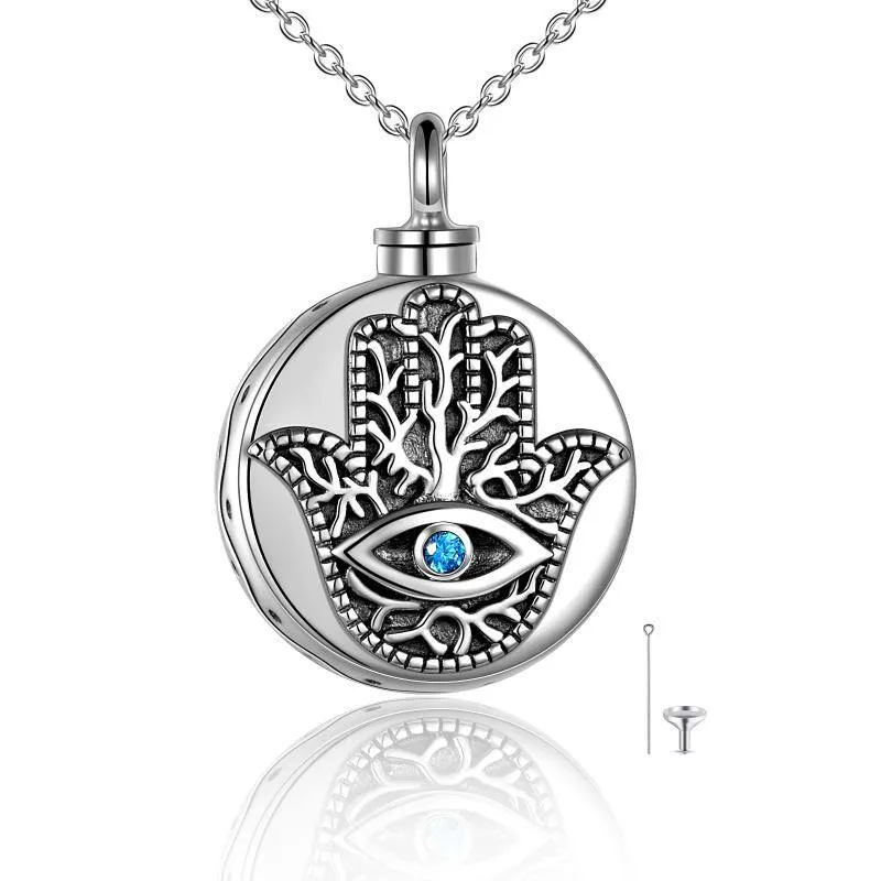 925 Sterling Silver Hamsa Hand Evil Eye Urn Necklaces for Ashes