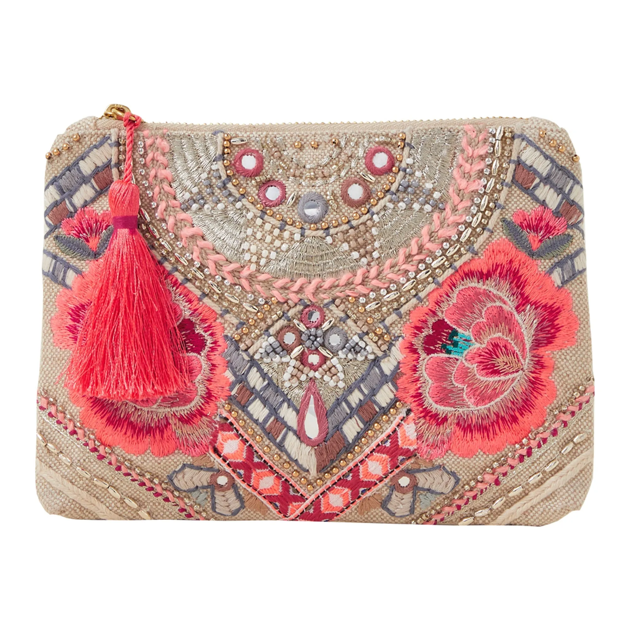 Accessorize London Women's Cream Hand Beaded Floral Zip Pouch