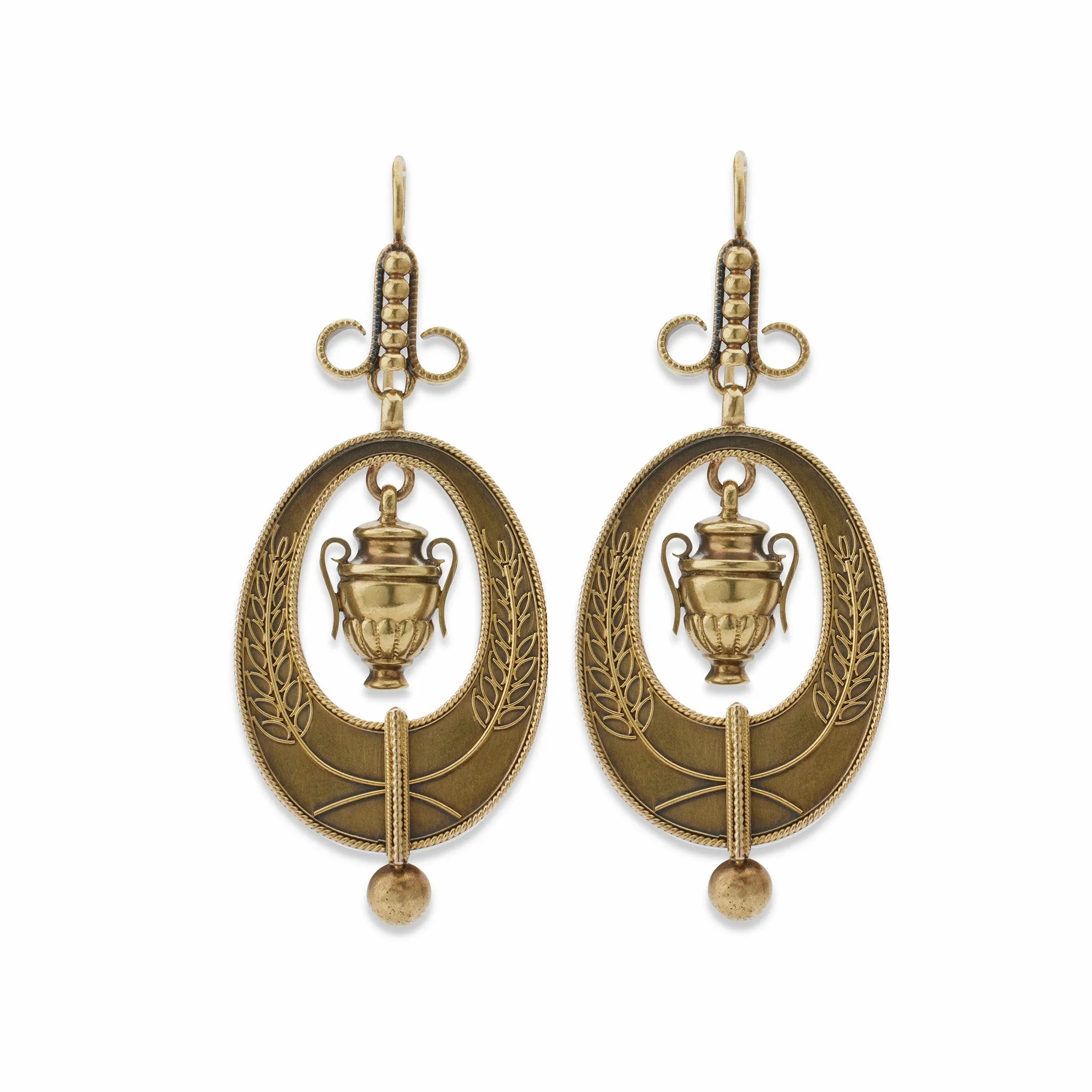 Antique 18K Gold Urn and Wreath Pendant Earrings