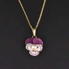 Art Nouveau 14K Gold Purple Enamel Pansy Flower Pendant