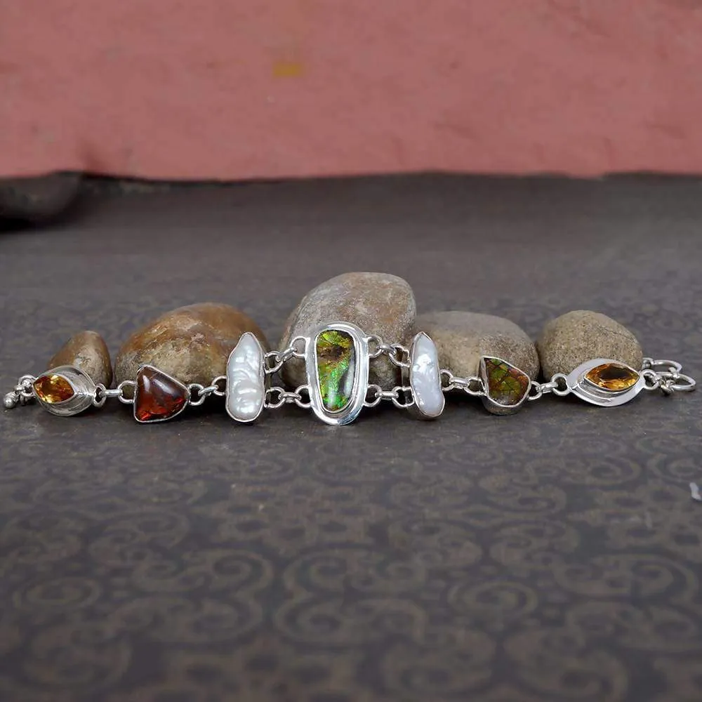 Attractive Design Real Ammolite, Citrine And Biwa Pearl Gemstone Sterling Silver Bracelet