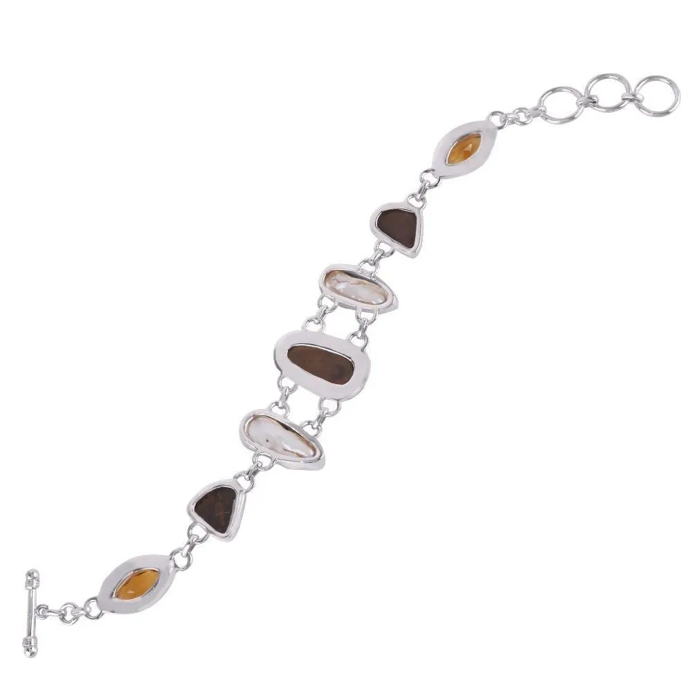 Attractive Design Real Ammolite, Citrine And Biwa Pearl Gemstone Sterling Silver Bracelet