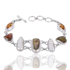 Attractive Design Real Ammolite, Citrine And Biwa Pearl Gemstone Sterling Silver Bracelet