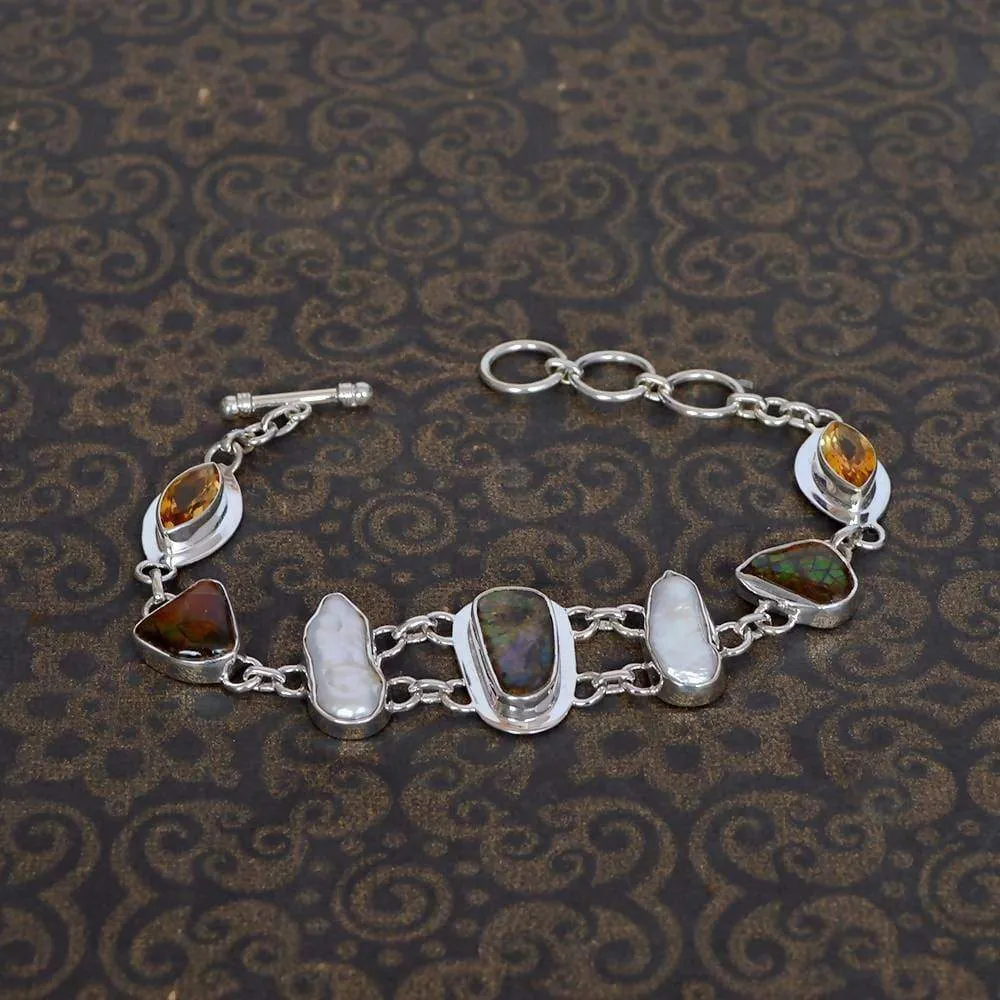 Attractive Design Real Ammolite, Citrine And Biwa Pearl Gemstone Sterling Silver Bracelet