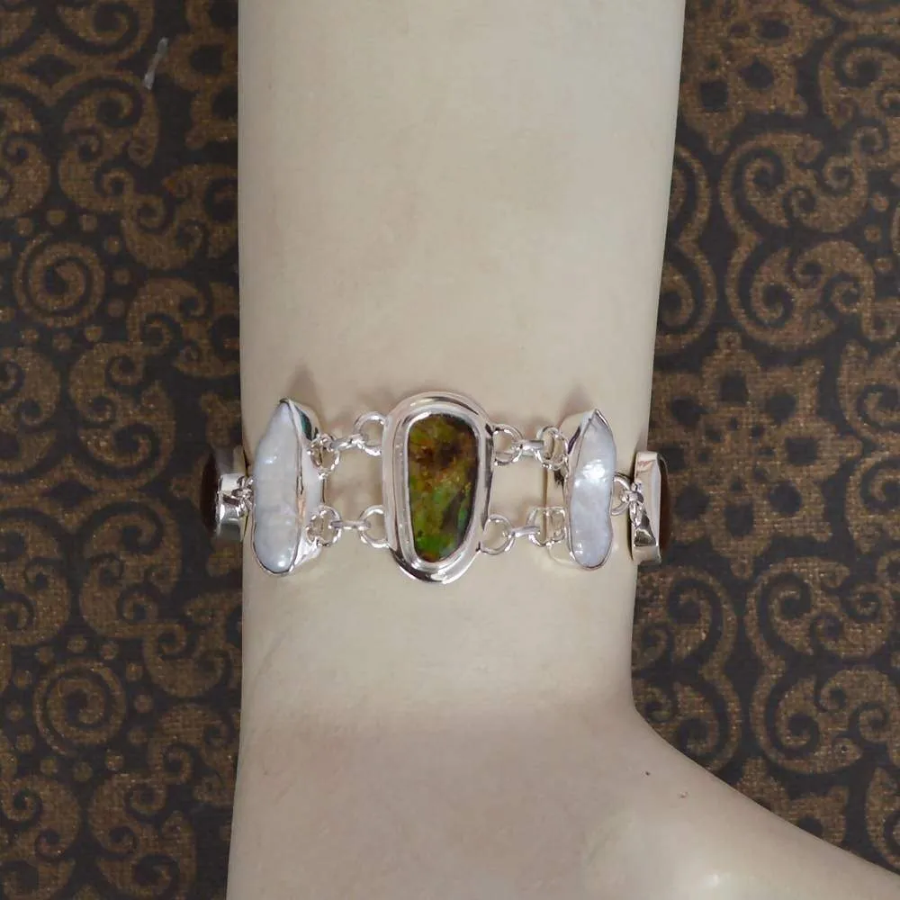 Attractive Design Real Ammolite, Citrine And Biwa Pearl Gemstone Sterling Silver Bracelet