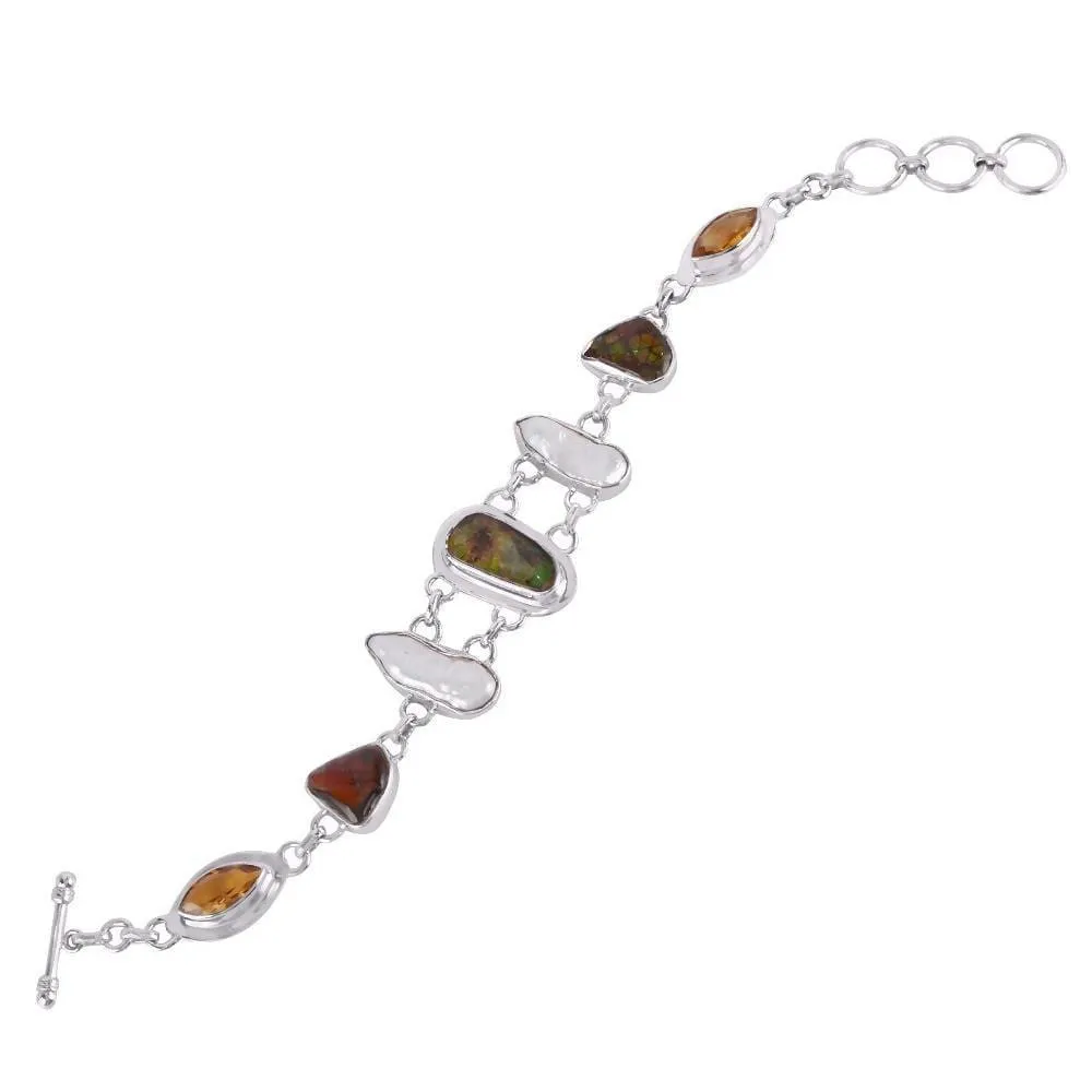 Attractive Design Real Ammolite, Citrine And Biwa Pearl Gemstone Sterling Silver Bracelet